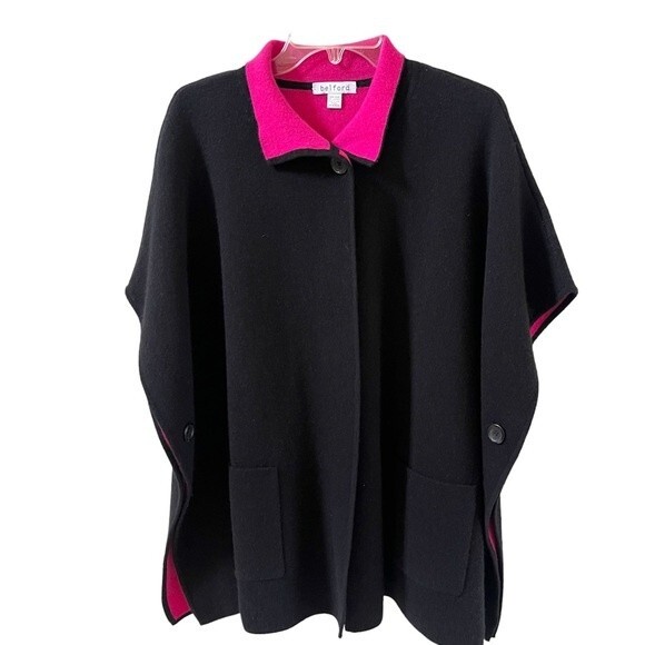 Belford Cashmere Collard Poncho Sweater in Black and Contrasting Pink One Size - Picture 2 of 12